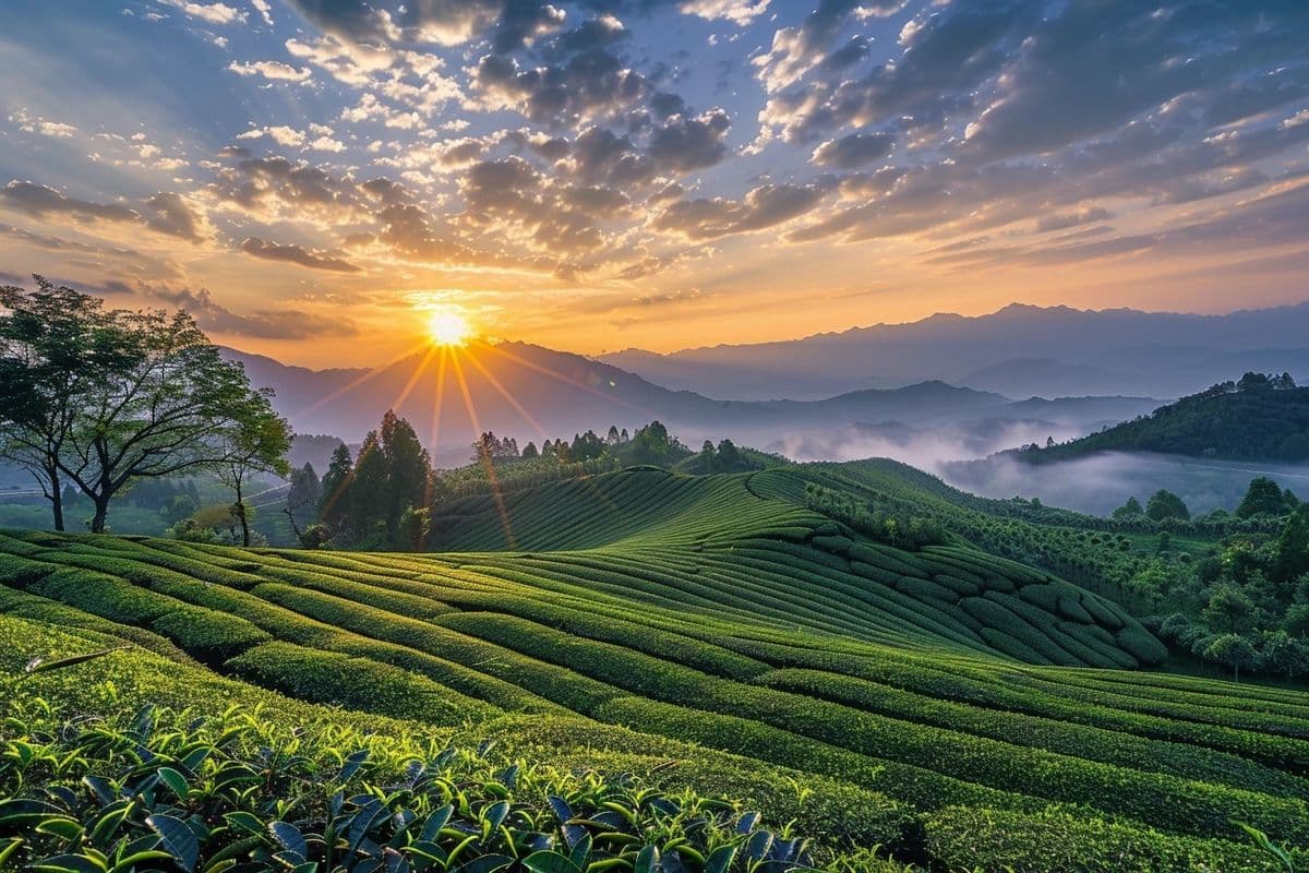Lush green tea hills with winding road